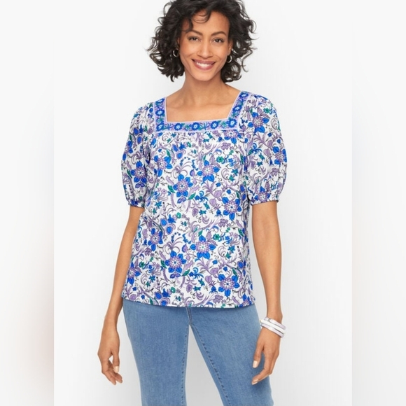 Talbots Square Neck Short Puff Sleeve Songbird Floral Print Shirt Size Small - Picture 1 of 10